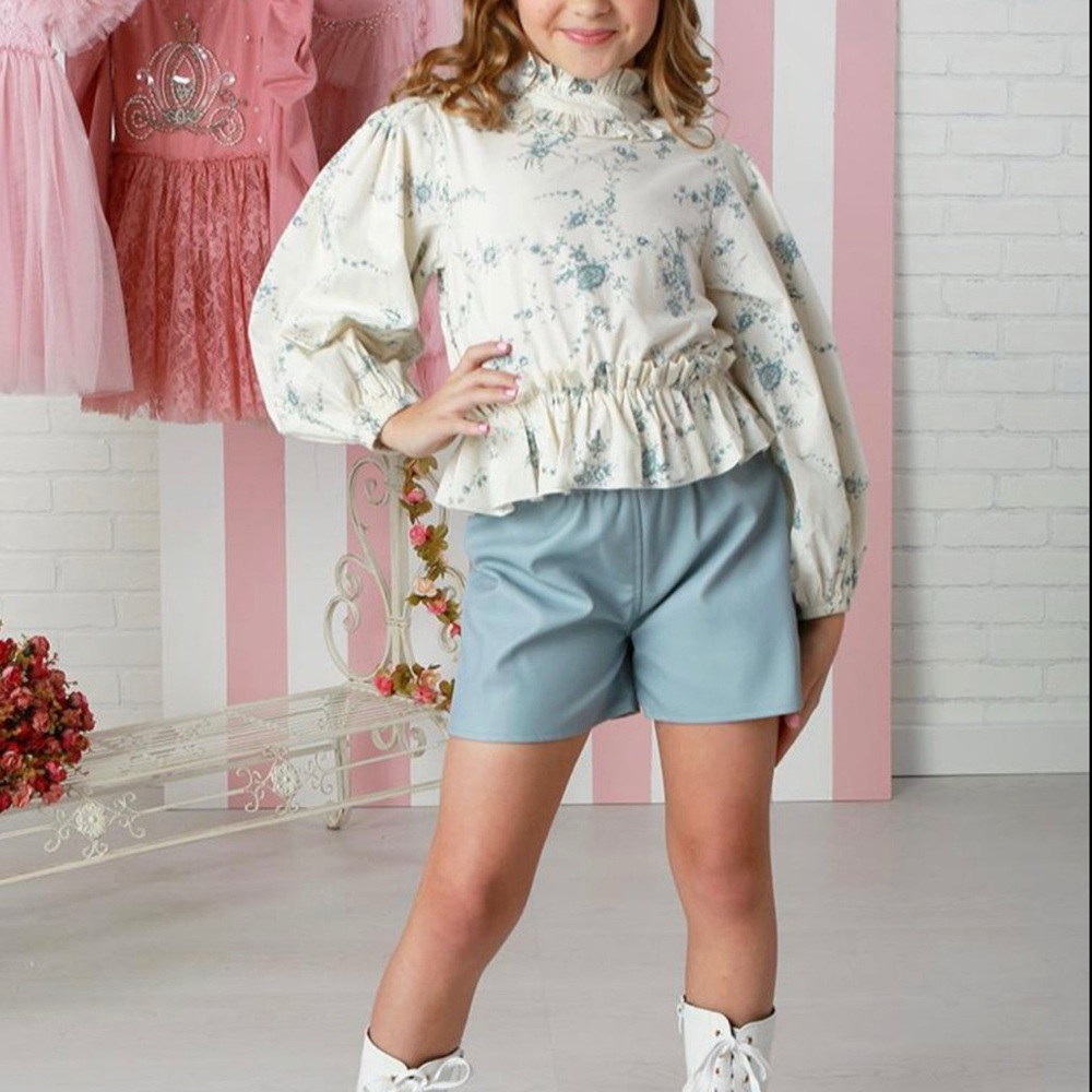Blue pleather Shorts with high neck top